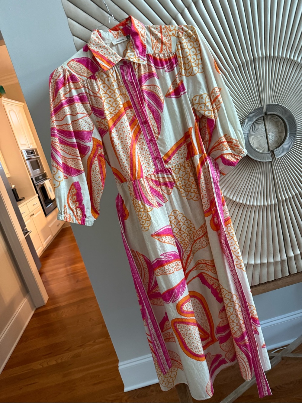 Women's Cream Midi Shirt Dress with Pink & Orange Floral Print